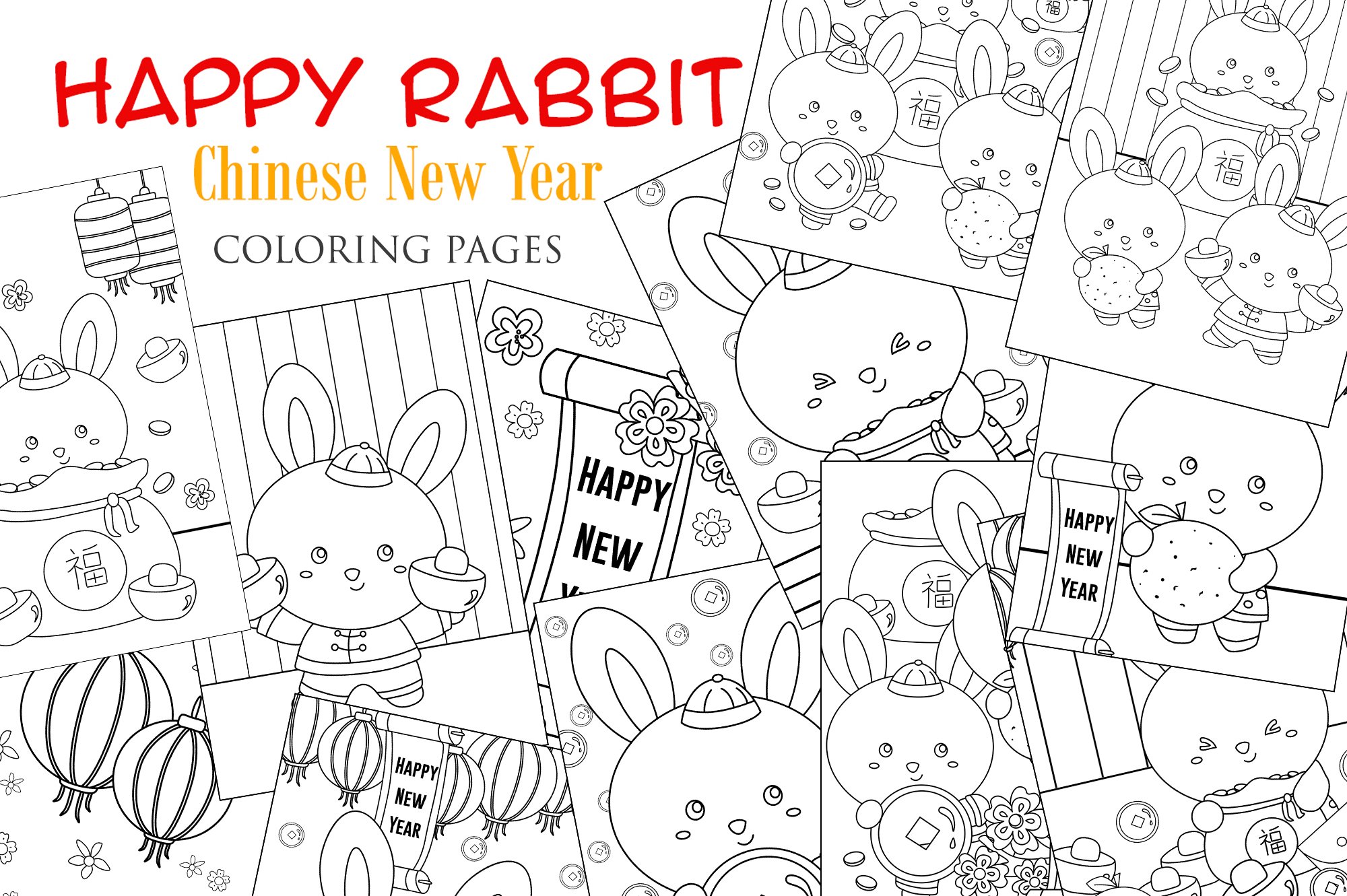 Happy chinese new year rabbit coloring kids and adult