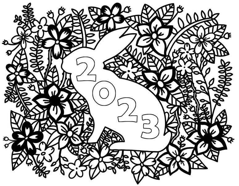 Coloring page happy new year happy rabbit year