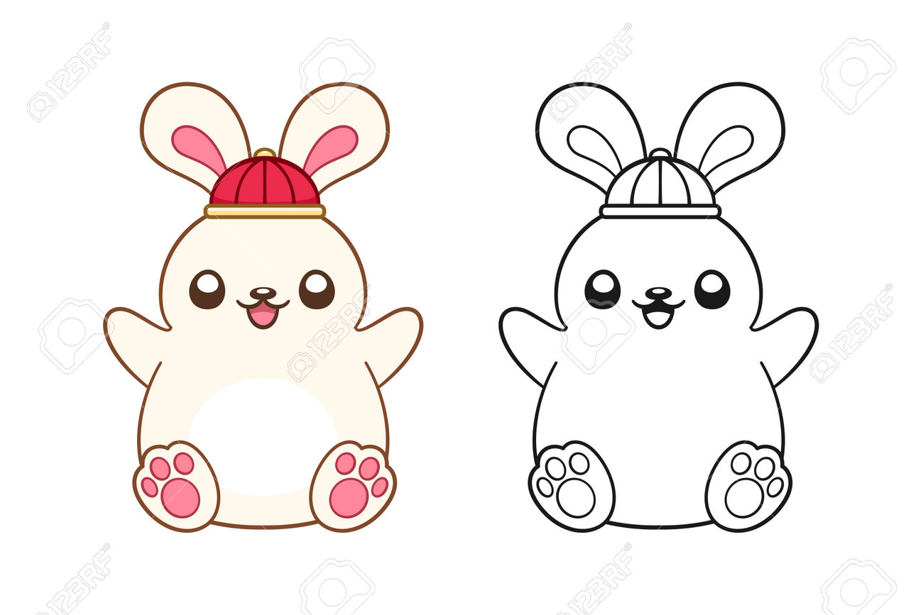 Cute rabbit wearing a chinese hat outline illustration zodiac animal year of the rabbit new year and mid autumn moon festival coloring book page worksheet for kids royalty free svg cliparts