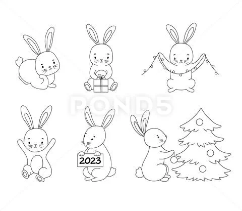 Set of cute line rabbits in different poses vector symbol of new year graphic