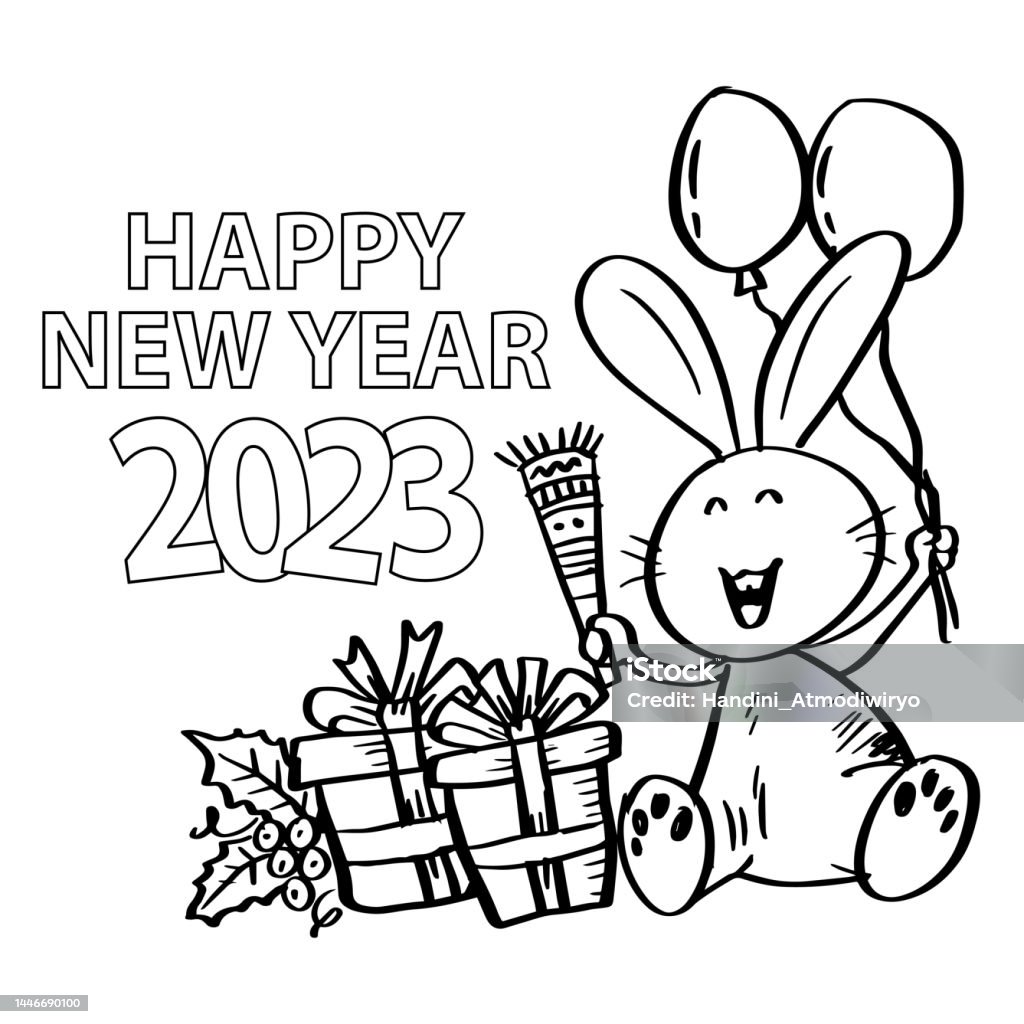 Happy new year with rabbit coloring pages stock illustration