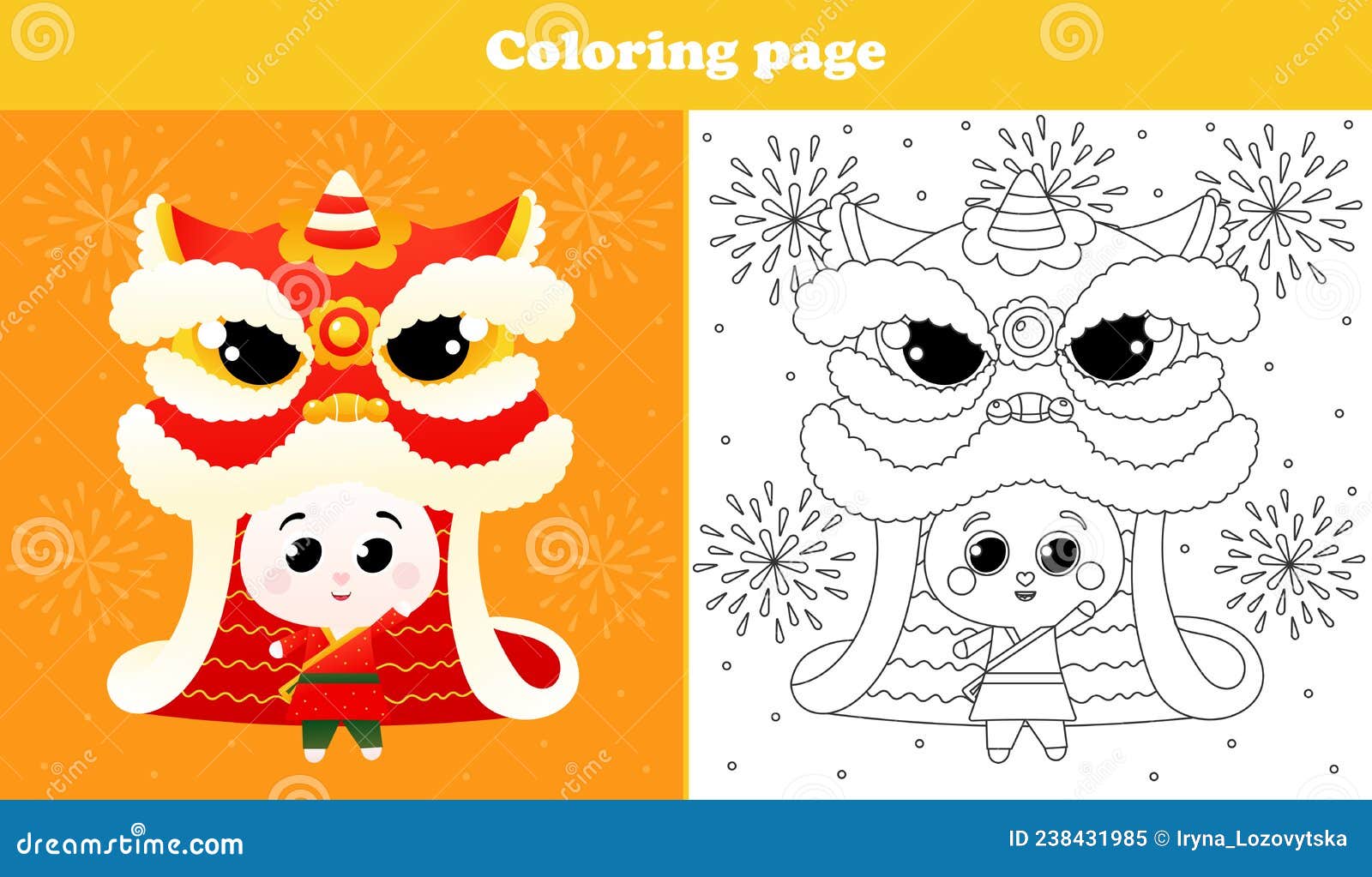 Printable coloring page for kids with cute rabbit in chinese traditional costume lion dance and fireworks festival stock vector