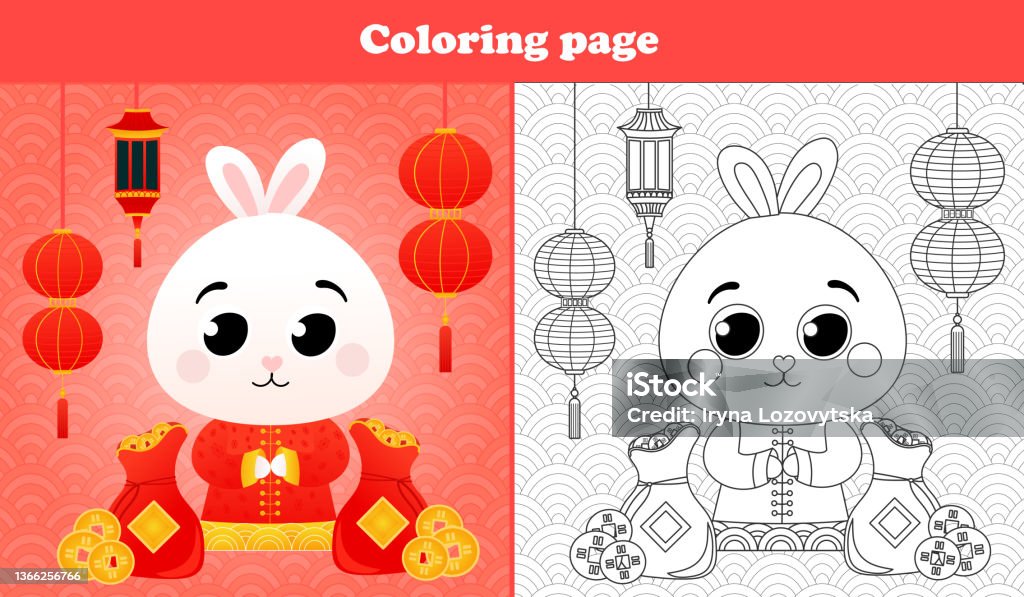 Printable coloring page for kids with cute rabbit in chinese traditional costume and wealth signs coins and laterns stock illustration