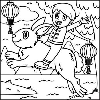 Boy riding chinese rabbit coloring page