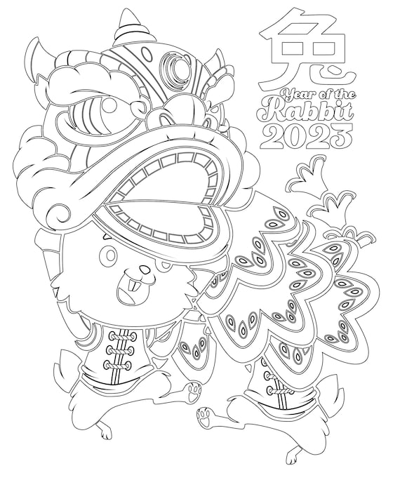 Year of the rabbit printable coloring chinese new year downloadable bunny digital download lunar new year coloring page