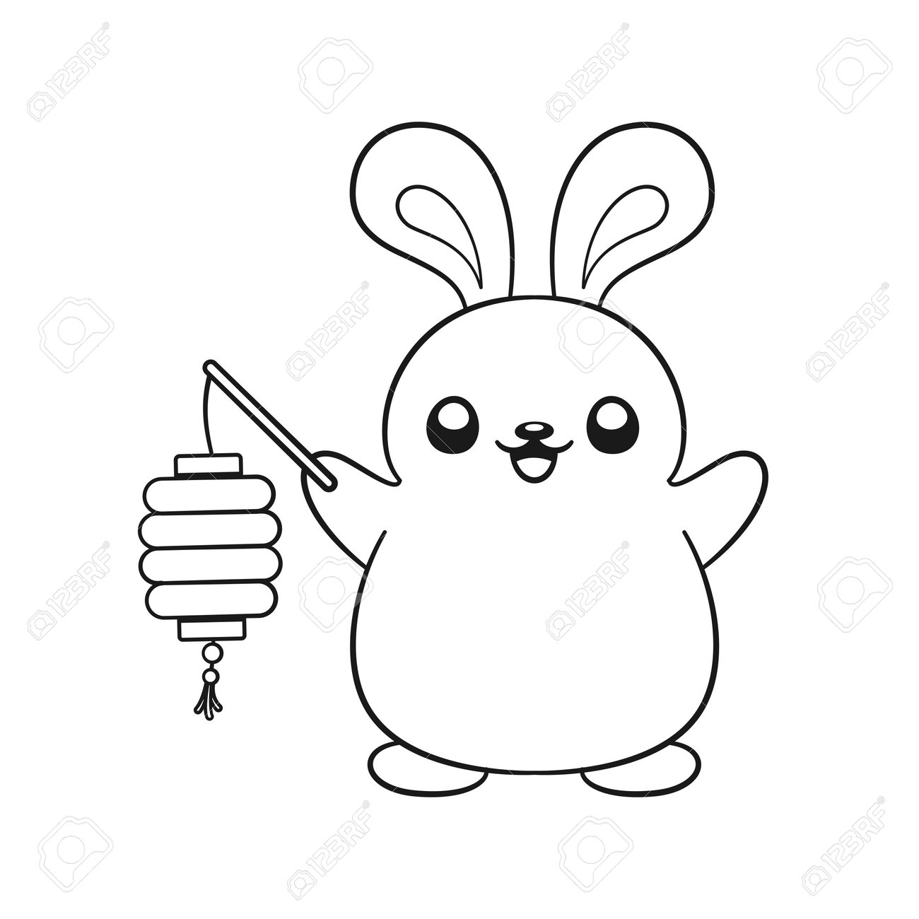 Cute rabbit holding a chinese lantern outline cartoon illustration chinese zodiac animal year of the rabbit new year and mid autumn moon festival coloring book page worksheet for kids royalty free