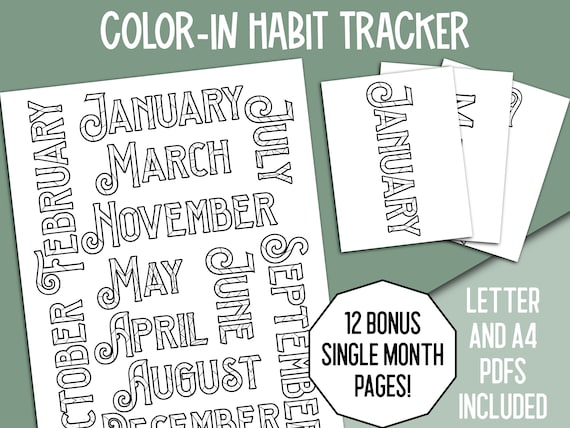 Monthly color in habit tracker annual exercise tracking daily coloring page fitness chart goal tracking printable pdf calendar goal log