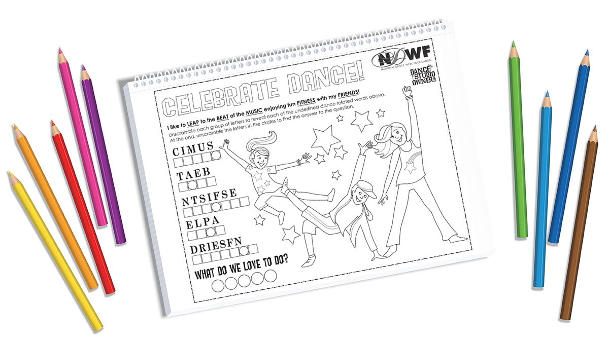 Celebrate dance coloring page and word scramble dance studio owner tools and resources to make your dance school profitable