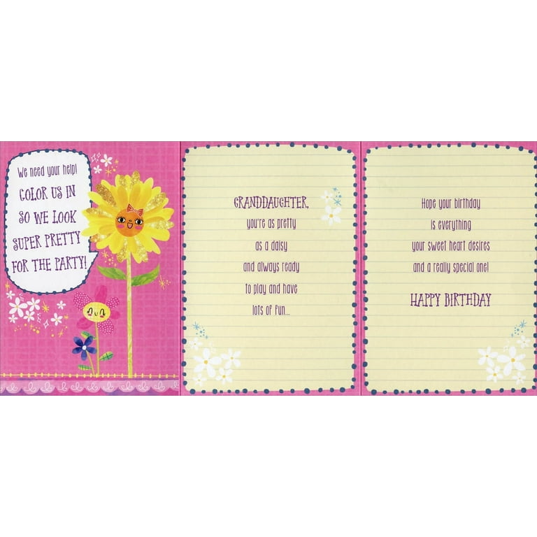 Designer greetings tall smiling yellow flower with pink bow tri fold juvenile birthday card for granddaughter with coloring page