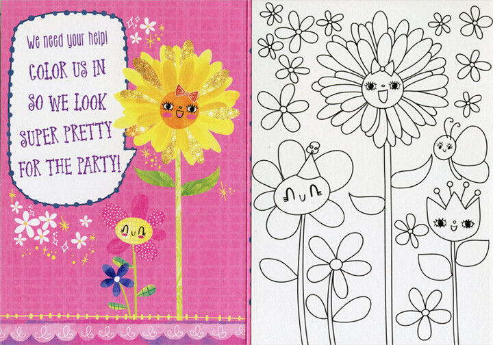 Tall yellow flower pink bow granddaughter birthday card with coloring page