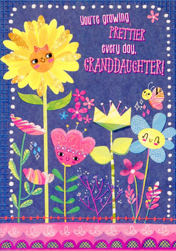 Tall yellow flower pink bow granddaughter birthday card with coloring page