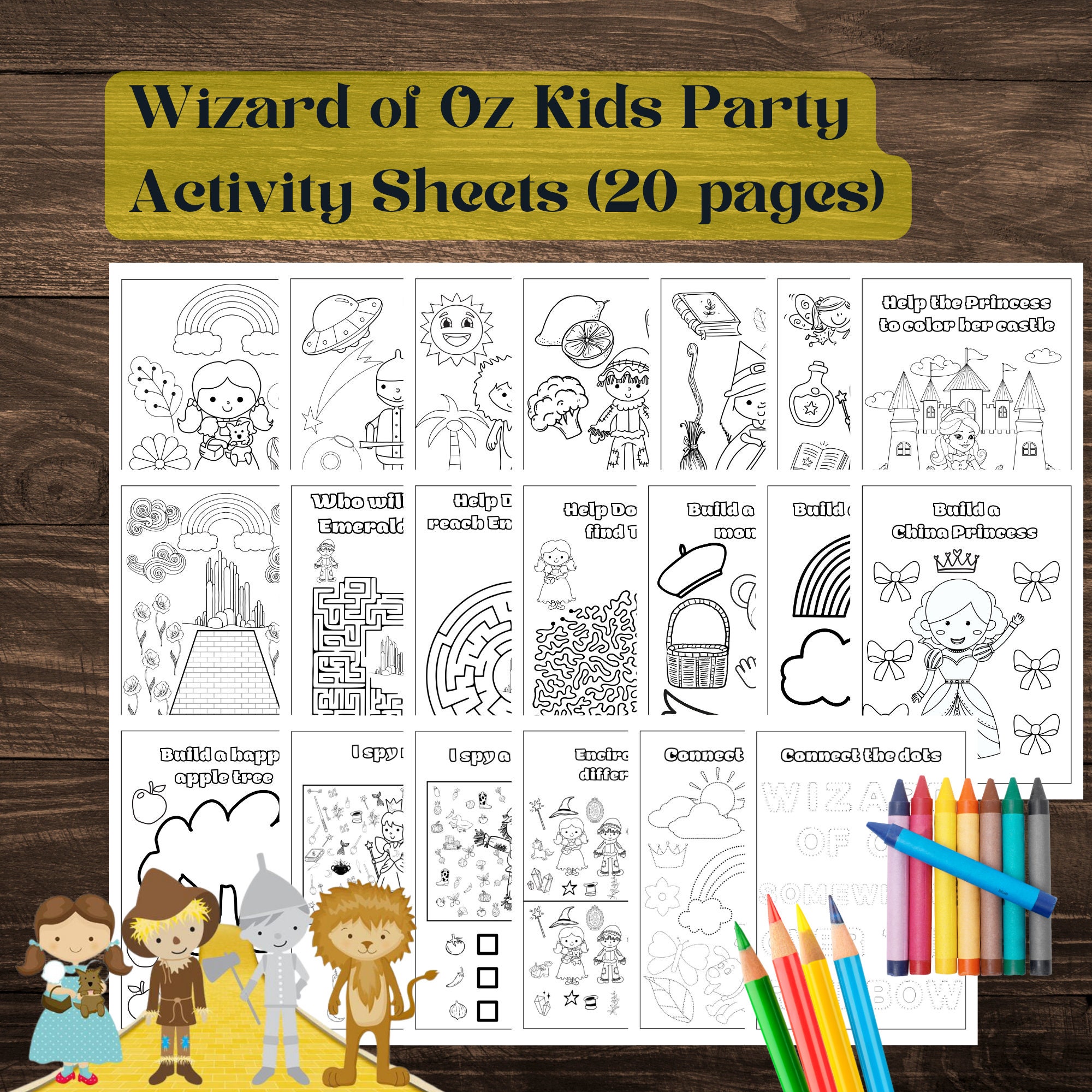 Wizard of oz printable activity sheets kids party coloring sheets instant download