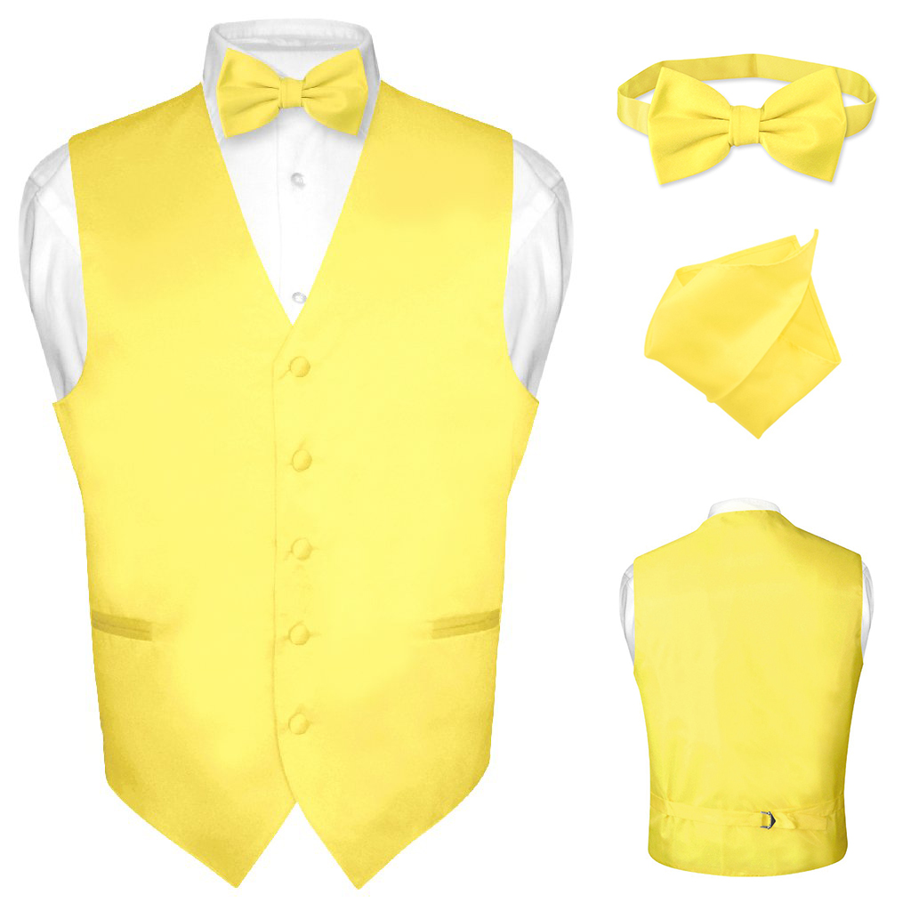 Mens dress vest bowtie hanky golden yellow color bow tie set for suit or tuxedo