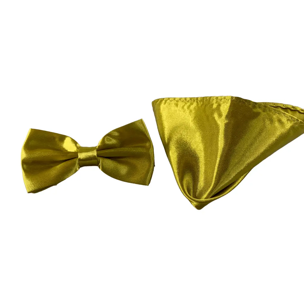 Mens piece yellow gold satin adjustable pre tied bow tie and pocket square set