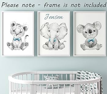 Safari animals boys nursery bedroom unframed set of poster prints personalized name blue green yellow bow tie wall art decor new baby gift present elephant giraffe lion x baby