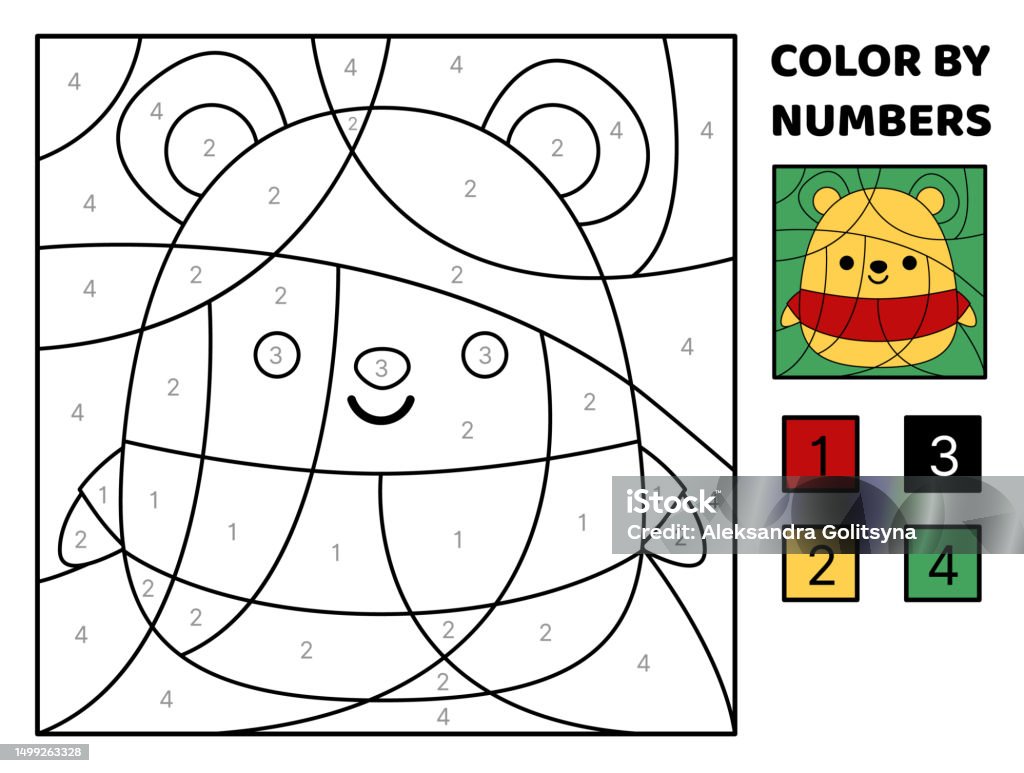 Yellow bear color by number squishmallow coloring page game for kids kawaii cartoon vector stock illustration