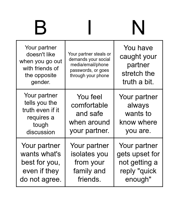 Red yellow and green flags in a relationship bingo card