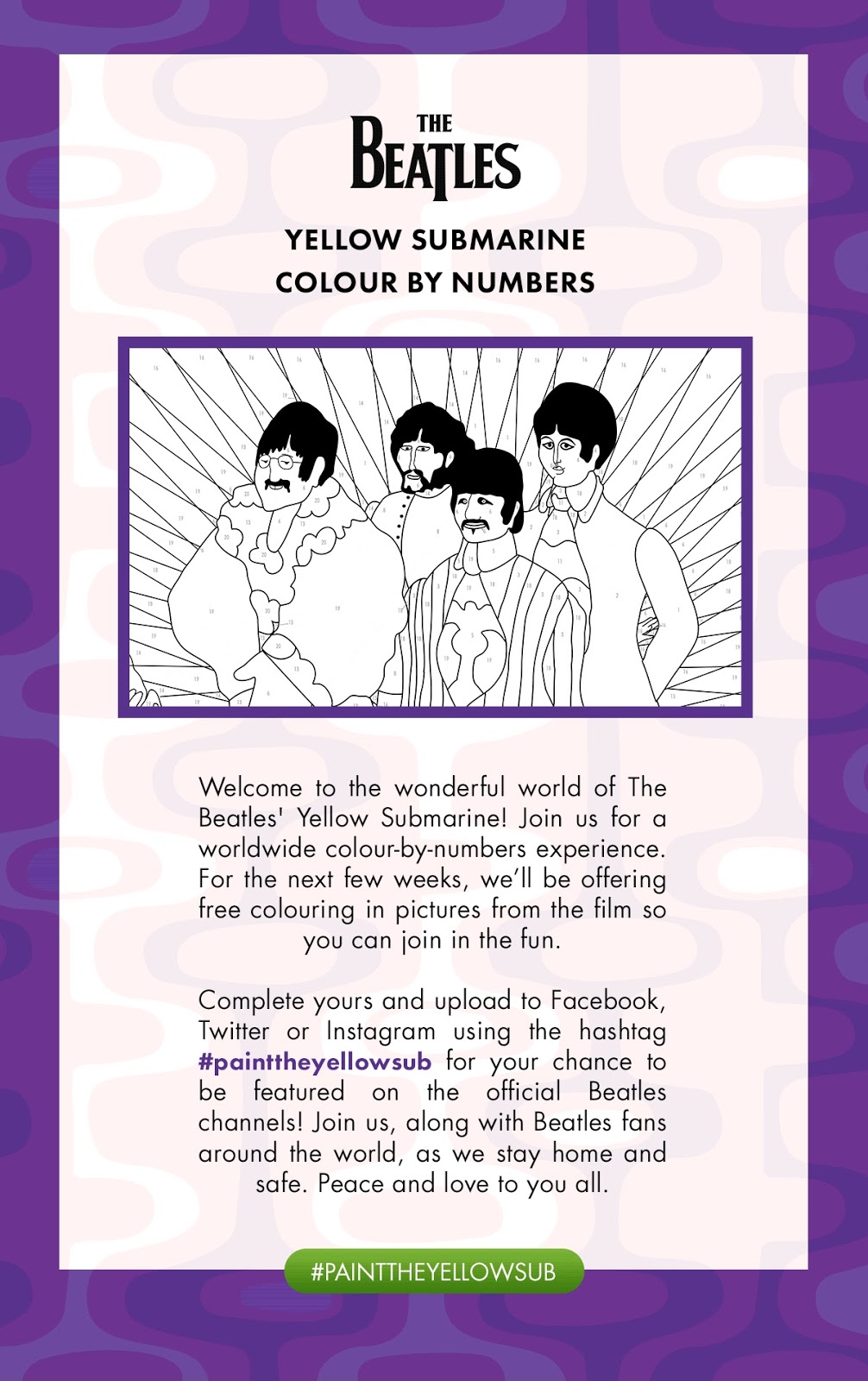 The beatles are offering free yellow submarine coloring sheets