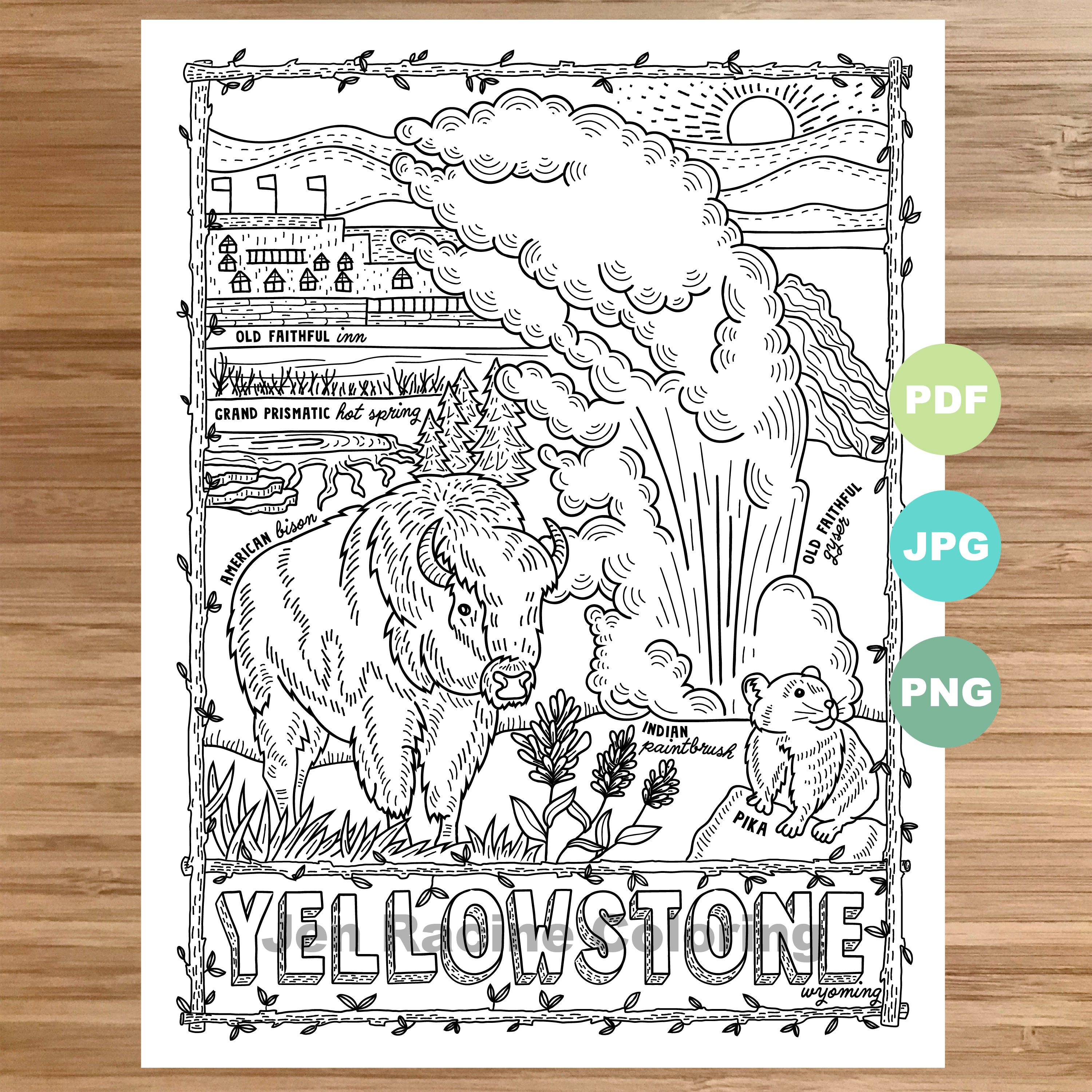 National park coloring page yellowstone wyoming national park landscape animal plant wildflower coloring page printable