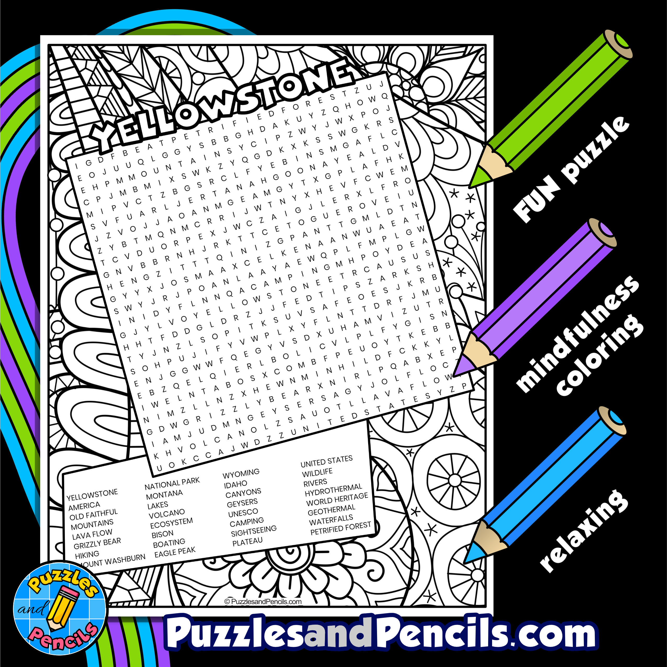 Yellowstone national park word search puzzle with coloring wordsearch made by teachers
