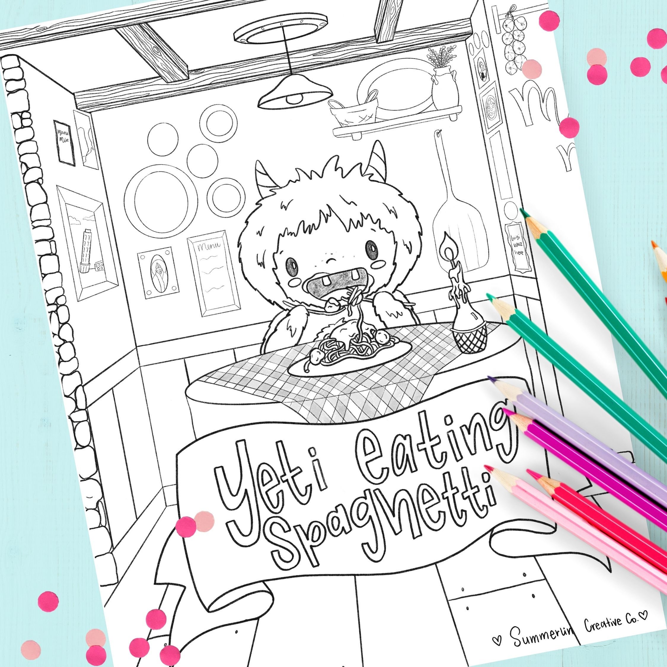 Yeti eating spaghetti coloring page for kids printable coloring sheet