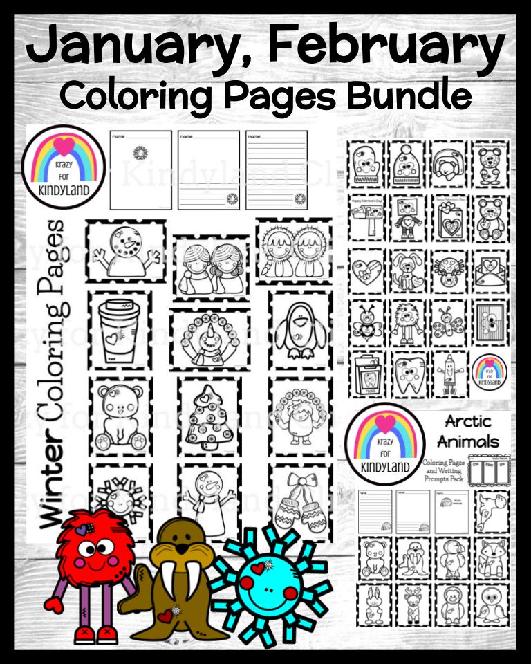 January february coloring pages booklet bundle arctic winter valentines