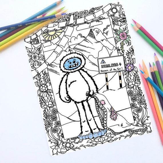 Printable coloring page yeti coloring sheet abominable snowman coloring page instant digital download