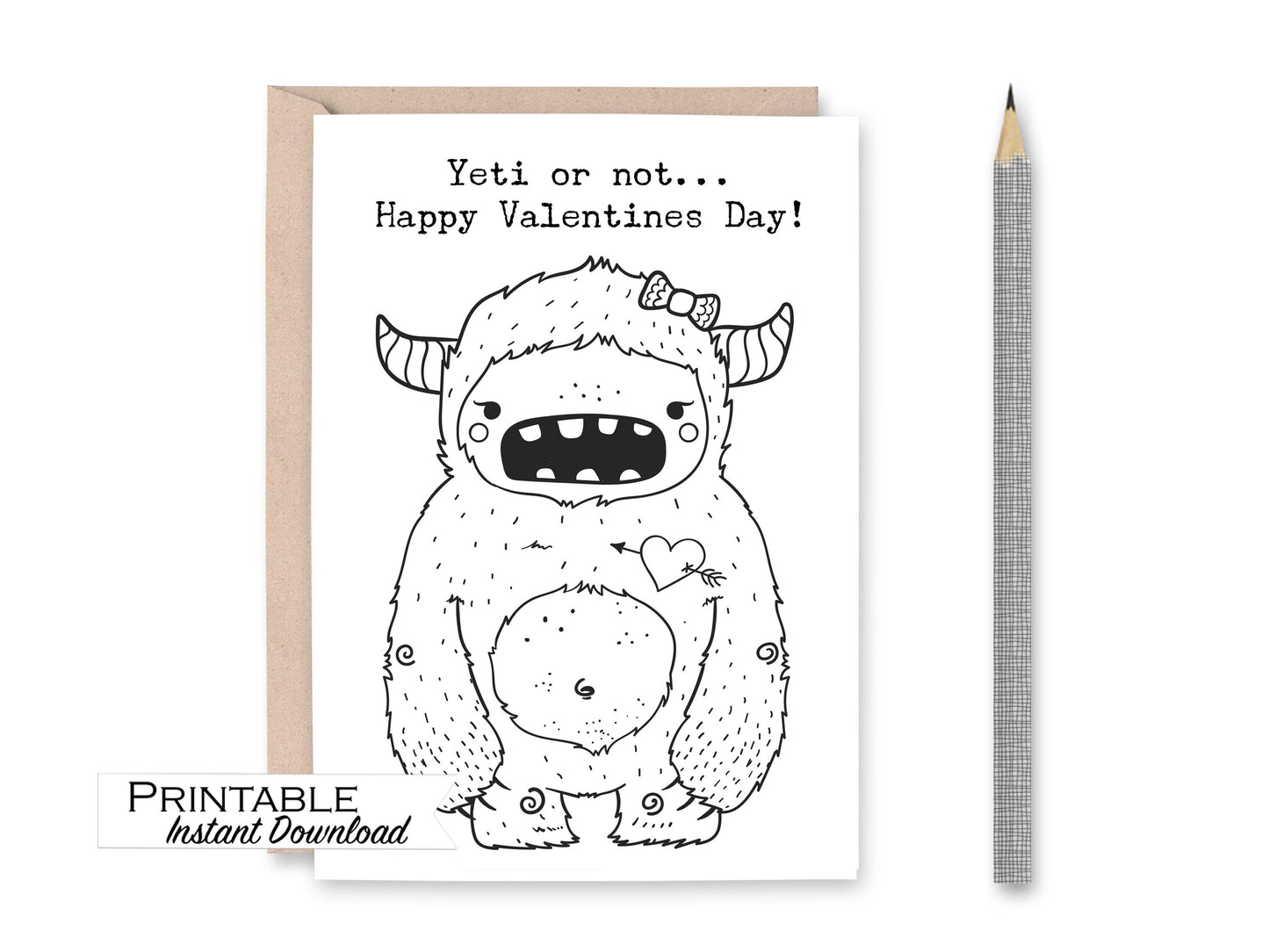 Yeti or not happy valentines day coloring greeting card printable