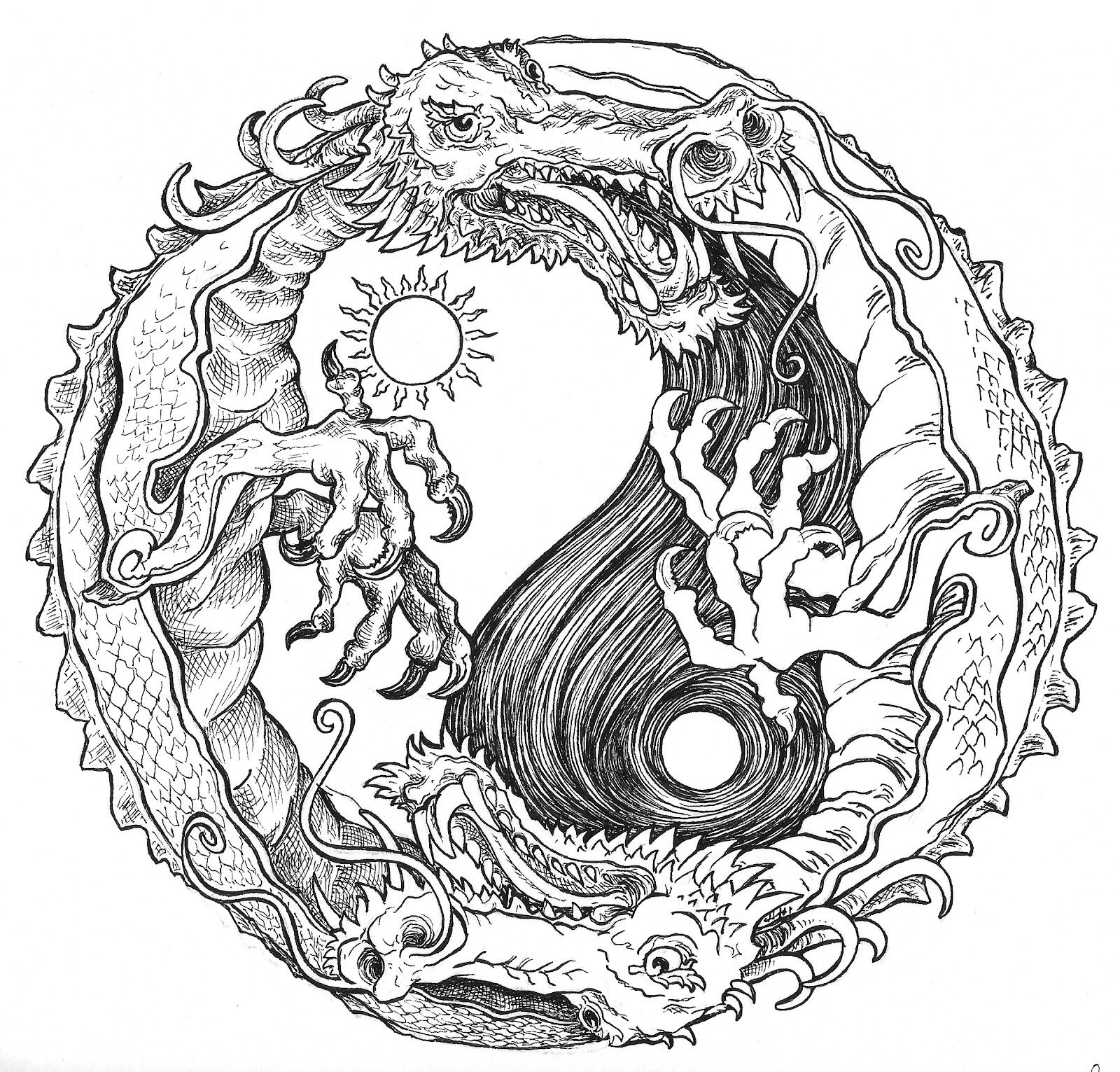 Sun and moon dragon yin yang coloring pages colouring adult detailed advanced printable kleureâ moon coloring pages detailed coloring pages dragon coloring page