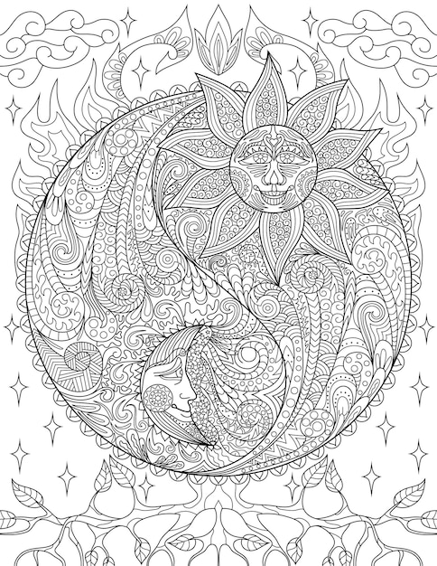 Premium vector coloring book page with yin yang symbols with sun on one side and moon on other sheet to be colored with sign presenting day and night with leaves in