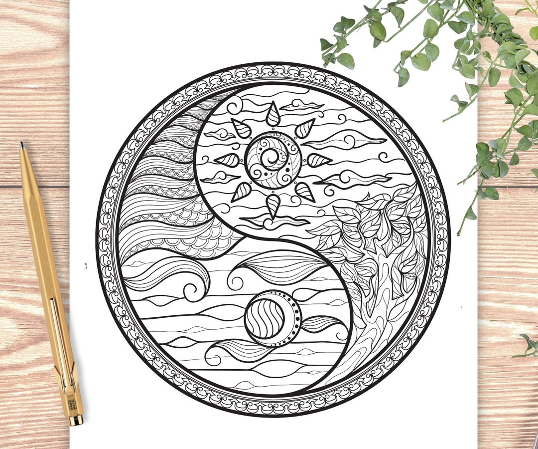 Yin yang sun moon printable coloring page digital download download now