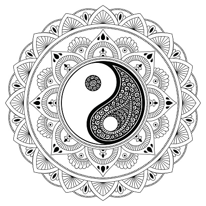 Vector henna tatoo mandala yinyang decorative symbol mehndi style decorative pattern in oriental style coloring book page stock illustration