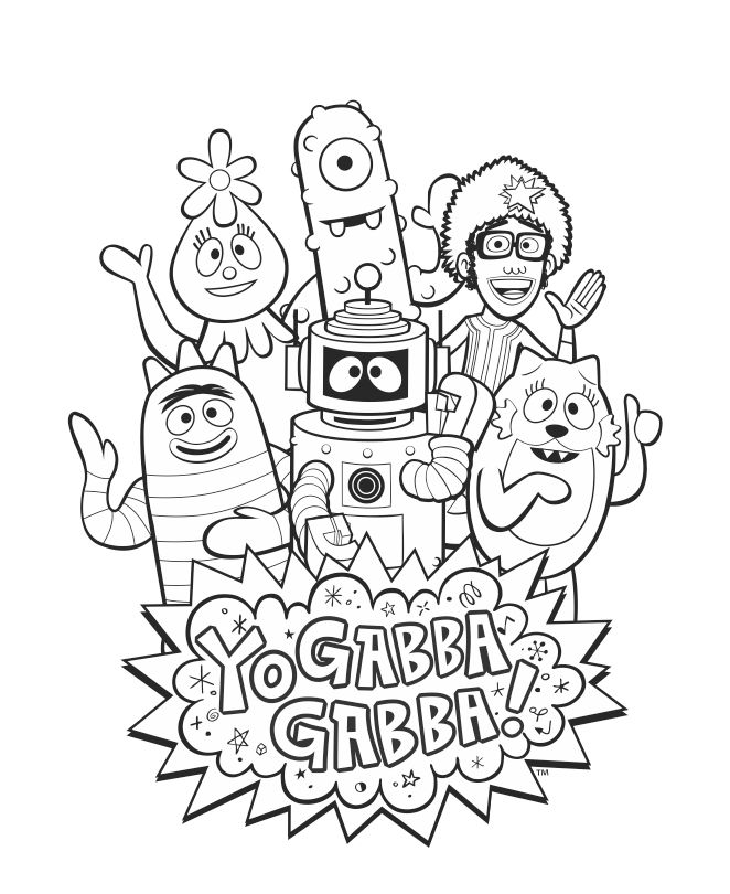 Yogabbagabba group coloring sheet with djlance obee foofa plex muno and toodee yo gabba gabba coloring contest coloring pages