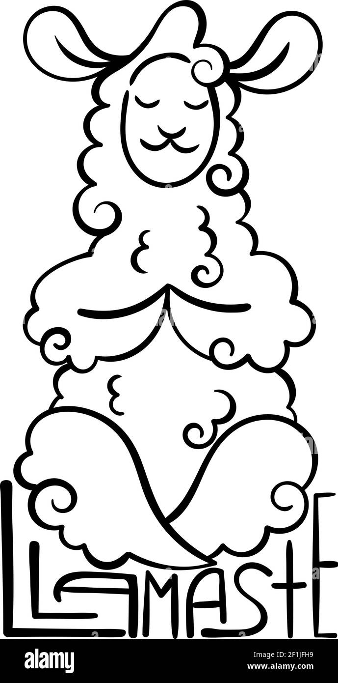 Llamaste cute curly llama meditates in the lotus position illustration with lettering for coloring pages children and adult prints baby shower yo stock vector image art