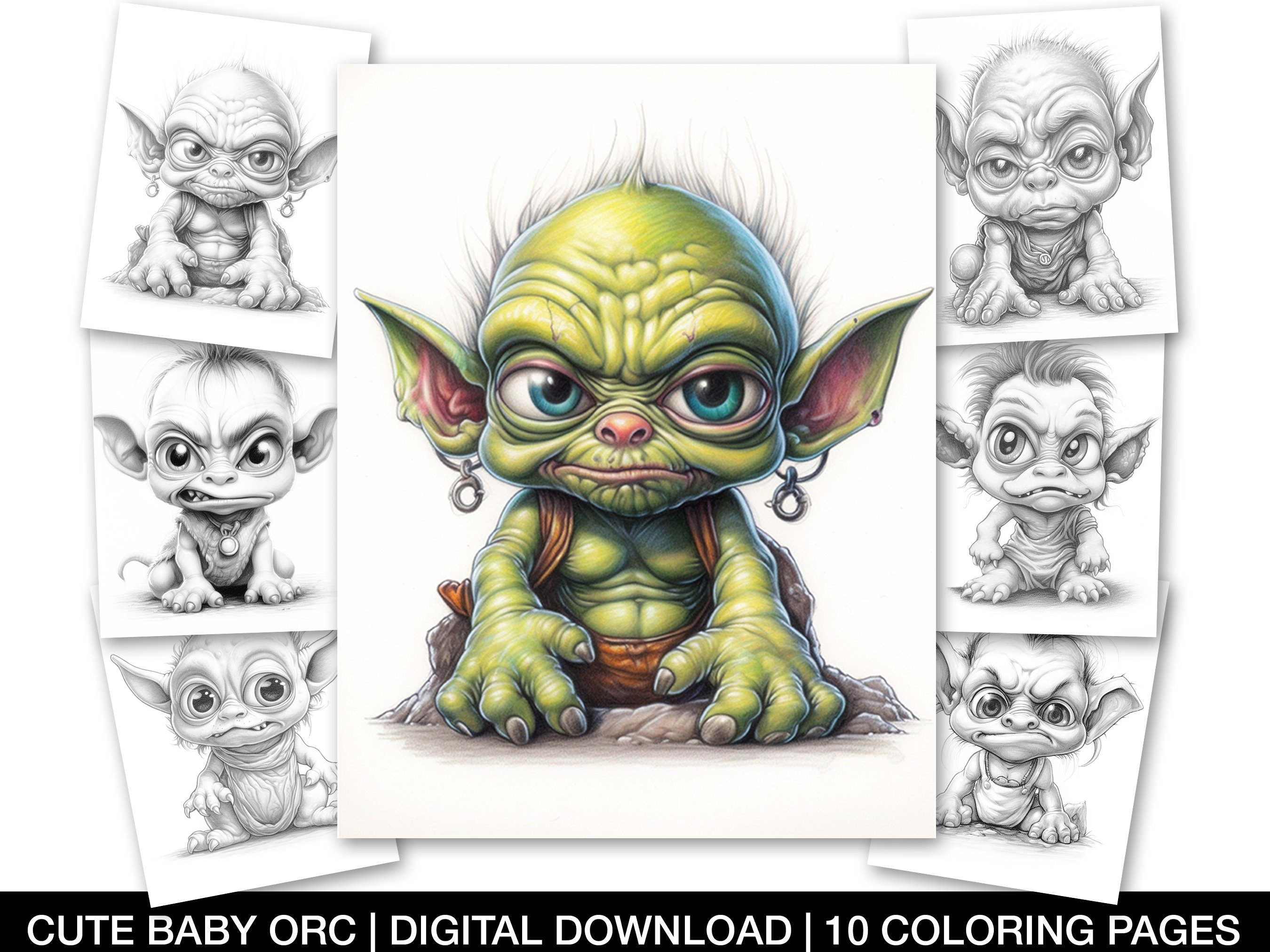 Ugly creatures coloring page for adults cute baby orc printable sheets grayscale coloring page monster illustration instant download