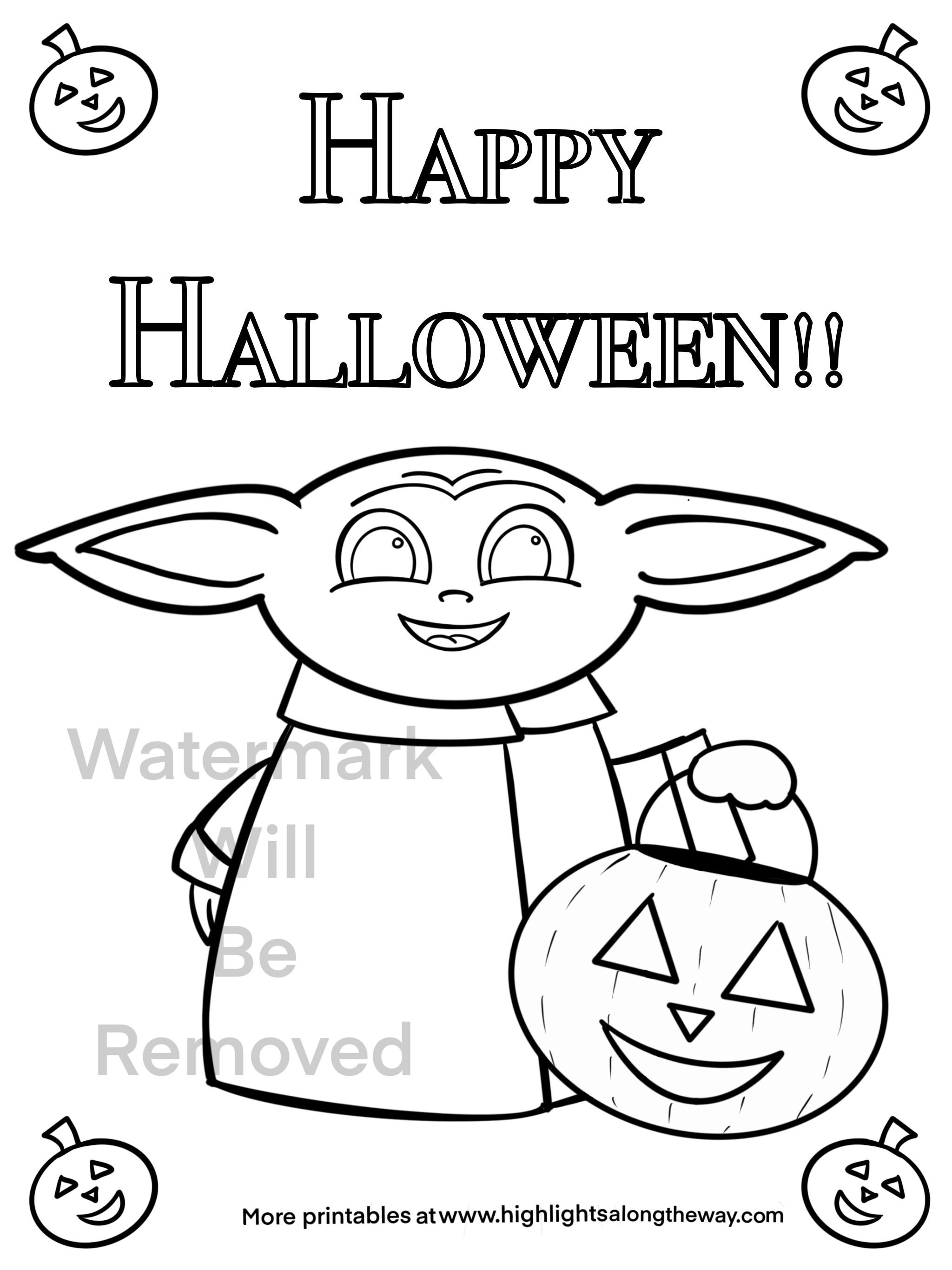 Halloween trick or treat fall festival baby yoda coloring sheet instant download printable homeschool teacher star wars day curriculum