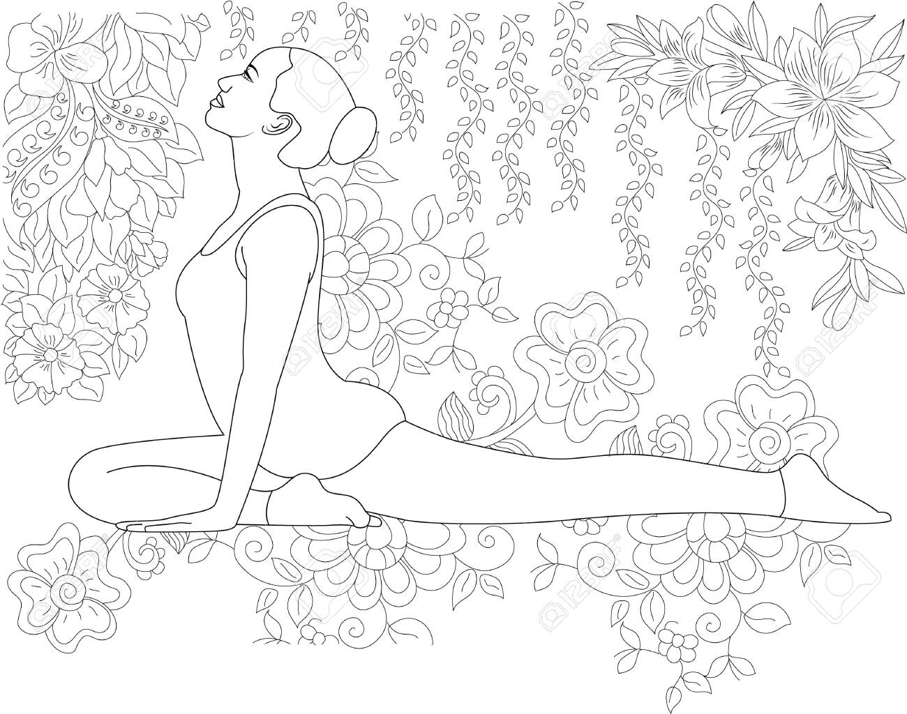 Yoga pose by female in adult coloring page royalty free svg cliparts vectors and stock illustration image