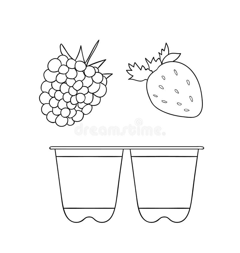 Vector line yoghurt pack icon with fruit and berry hand drawn organic fresh dairy product isolated on white background stock vector