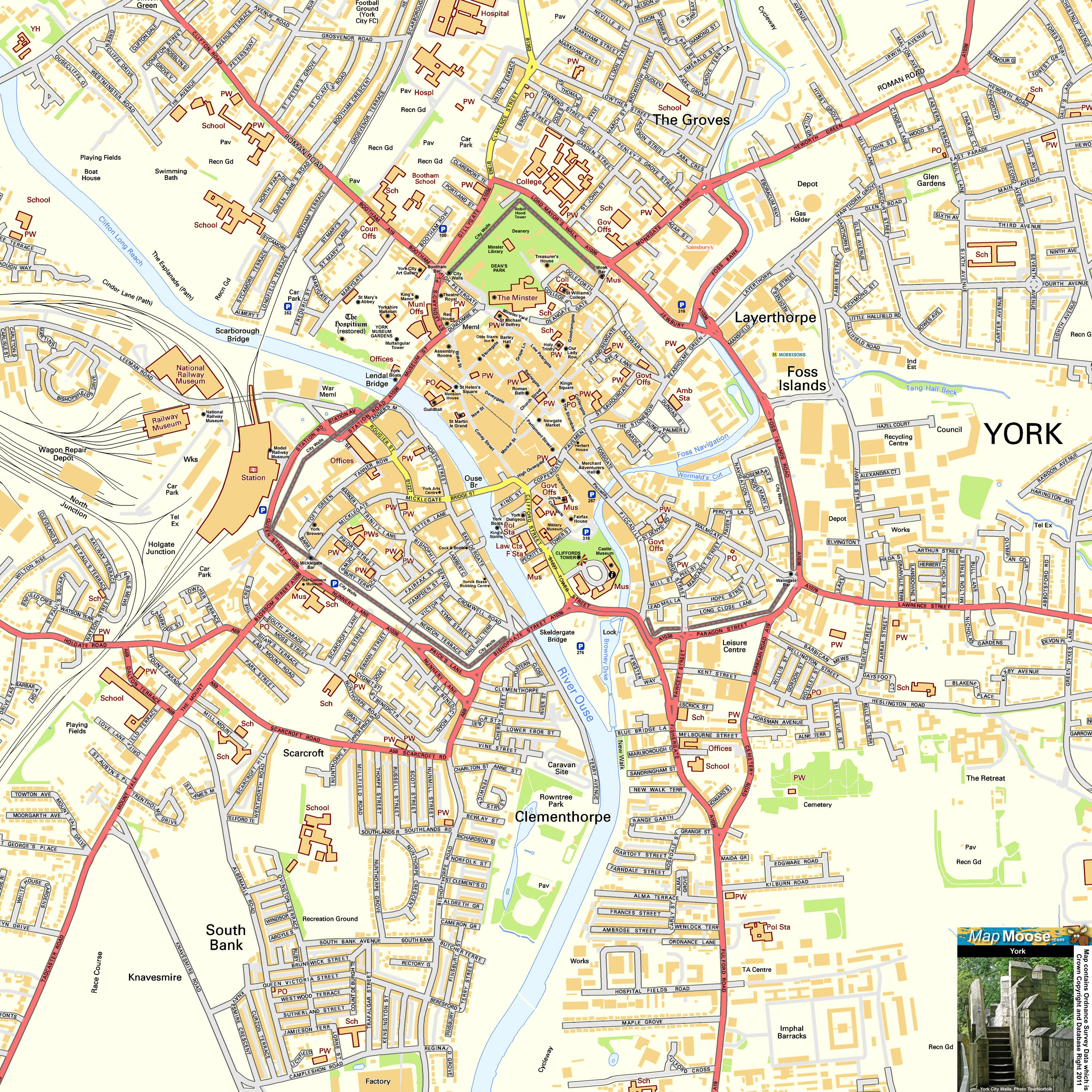 York offline street map including the minster city walls cliffords tower shambles jorvik centre and national railway museum