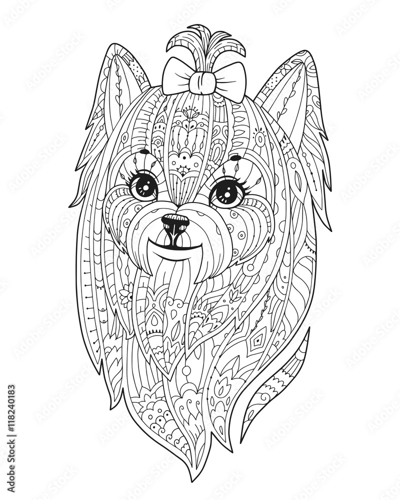 Adult coloring page with dog doodle yorkshire terrier zen art vector