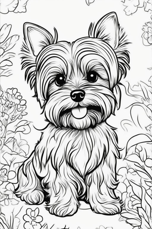 Kawaii style coloring page of a cute adorable yorkshire terrier dog sat