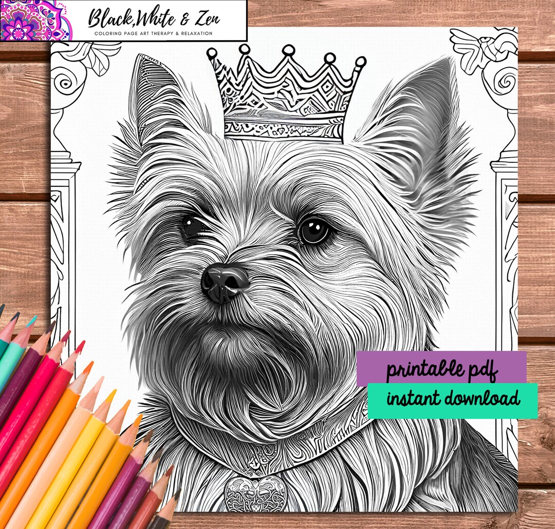 Printable dog coloring page yorkie king yorkshire terrier instant download dog lover gift adult coloring book page