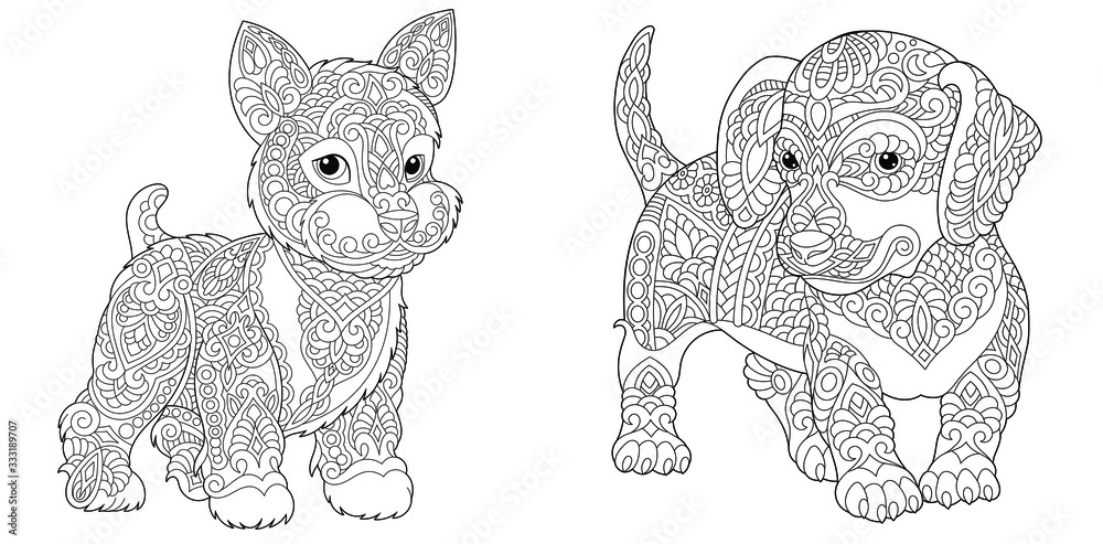 Coloring pages cute yorkshire terrier and dachshund vector