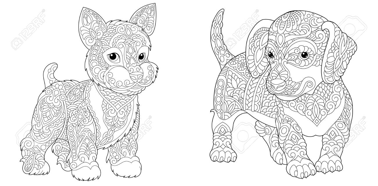 Animal coloring pages cute yorkshire terrier and dachshund line art design for adult or kids colouring book in zentangle style vector illustration royalty free svg cliparts vectors and stock illustration image