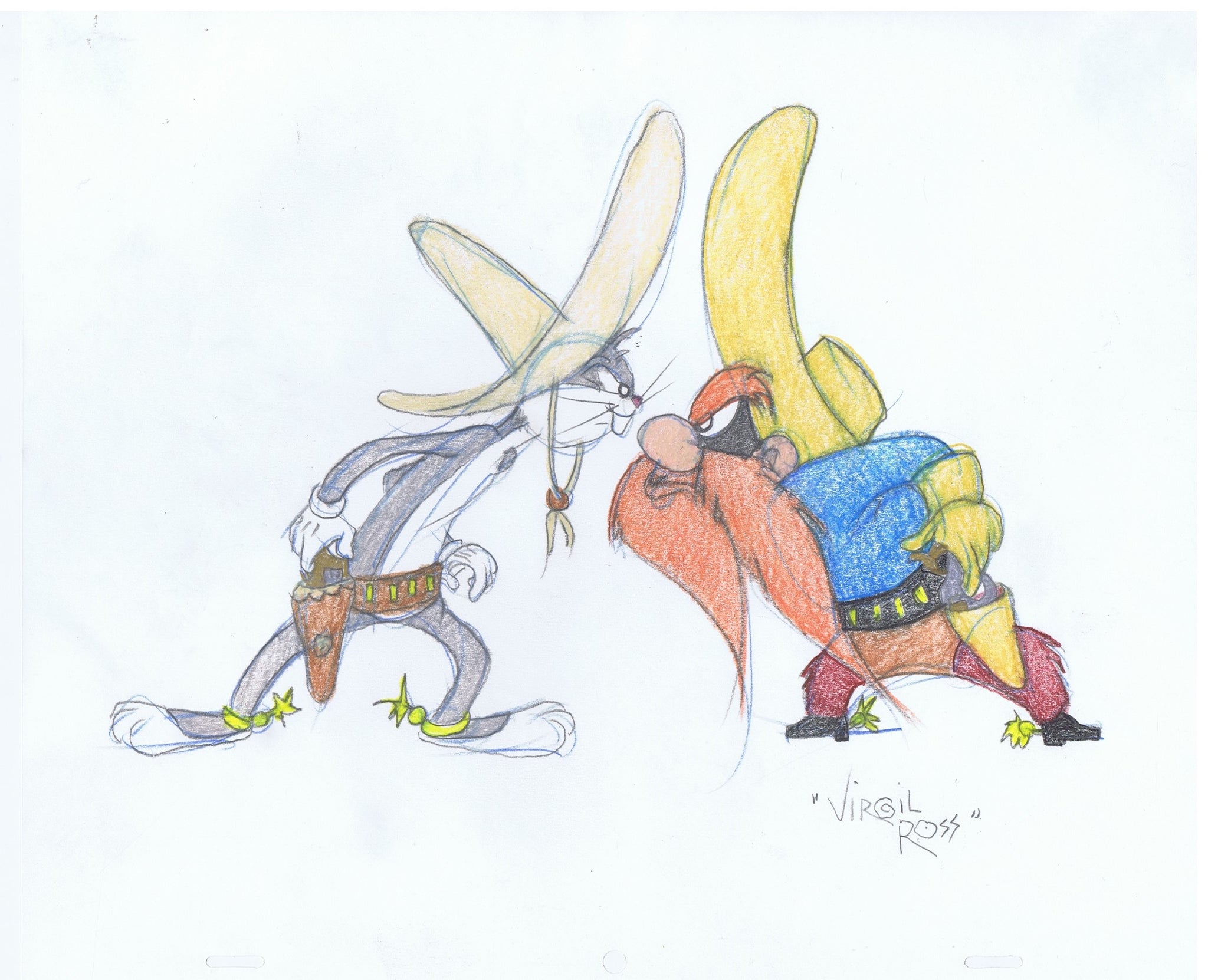 Signed warner brothers original color drawing bugs yosemite sam virgil ross s the cricket gallery