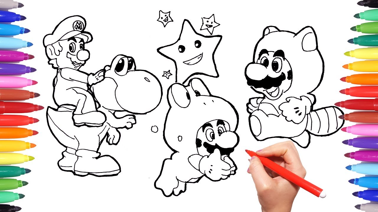 Super ario and yoshi coloring pages for kids how to draw super ario in costues and yoshi