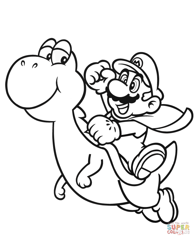 Mario with yoshi coloring page free printable coloring pages