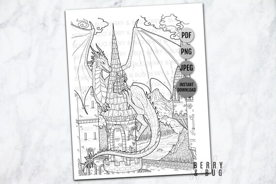 Dragon adult coloring page fantasy illustration coloring for adults printable art instant download realistic dragon