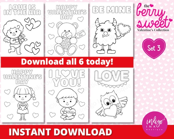 Kids valentine coloring pages instant download valentines day coloring sheets kids coloring printables for kids