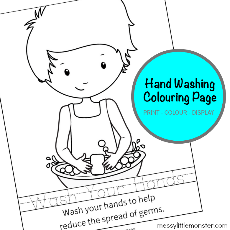 Hand washing colouring page activity for kids